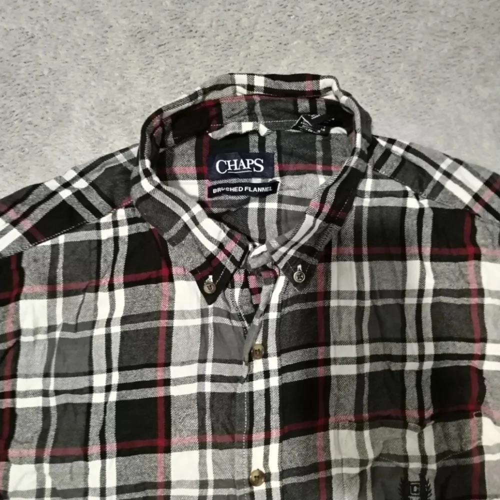 Chaps Shirt Mens L Combat Grey Flannel Plaid Embroidered Logo Button Down Pocket - Picture 8 of 13